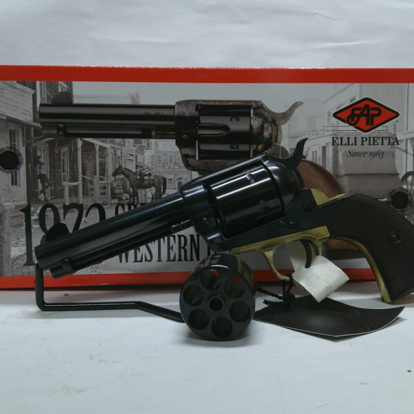 DE 1873 GEN II SINGLE ACTION REV SA 4.75" BRASS BACKSTRAP & TRIGGERGUARD, CHECKERED 2 PIECE BROWN GRIP