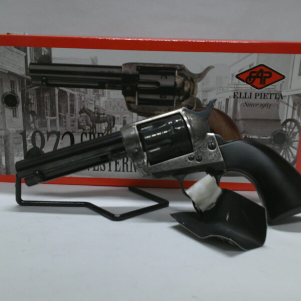DE 1873 GEN II SINGLE ACTION REV. 4.75" OLD SILVER FRAME, RIO ENGRAVED, WOOD BLACK PAINTED GRIP