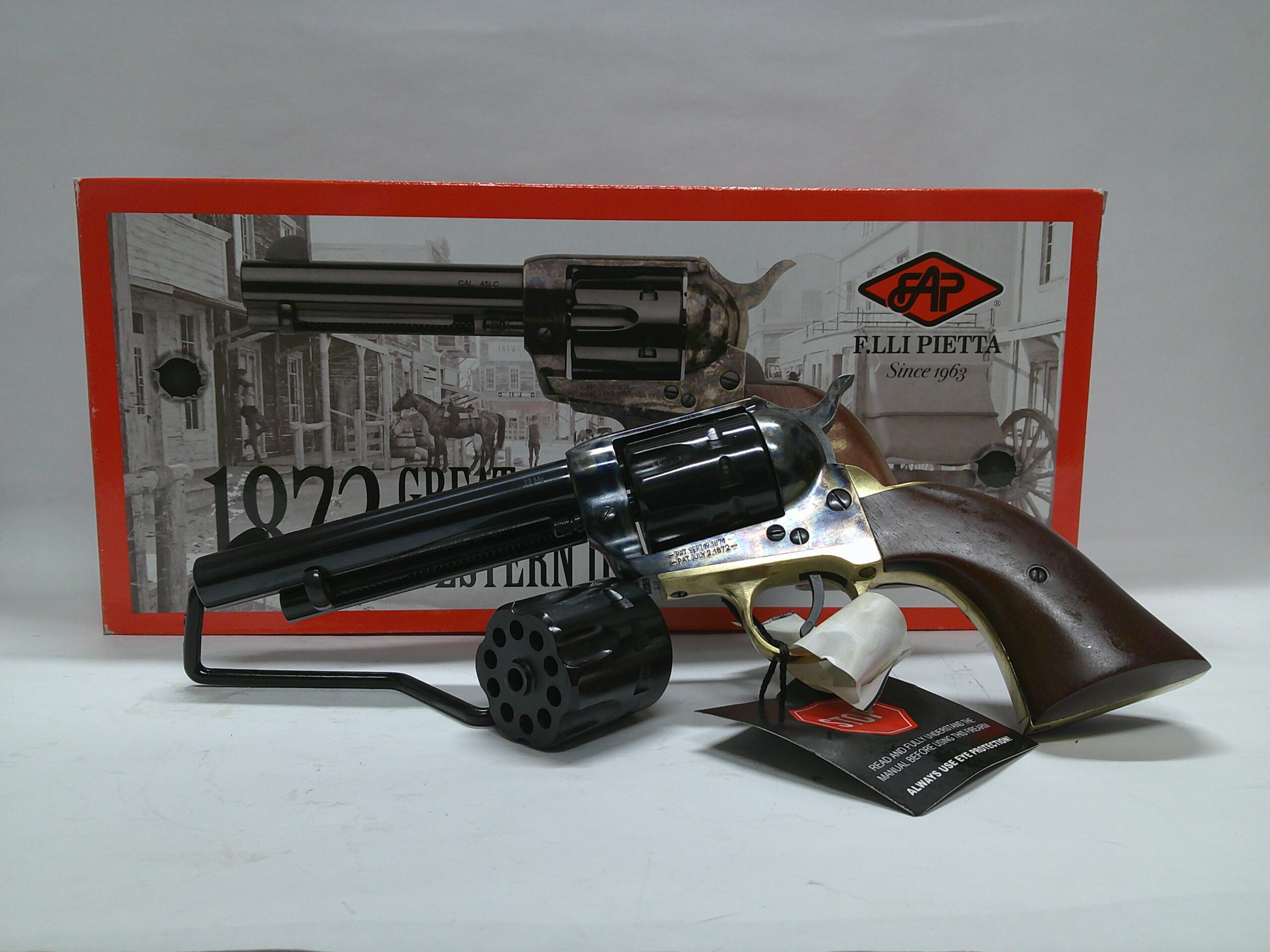 DE 1873 GEN II SINGLE ACTION REV. 4.75" CCH, BRASS BS & TG, TRF BAR, 2-PIECE WOOD GRIP